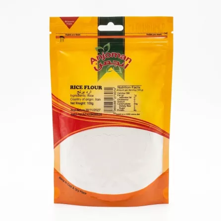 Front of Anjoman Rice Flour 100g pack showing product information and price