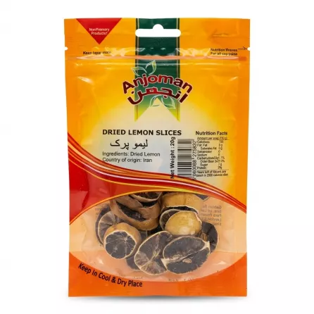 Front view of Anjoman Dried Lemon Slices 20g pack with visible dried lemon inside.