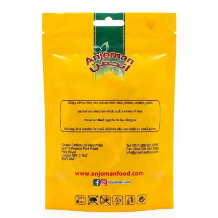 Back of Anjoman Dried Lemon Slices 20g pack with allergy and contact information.