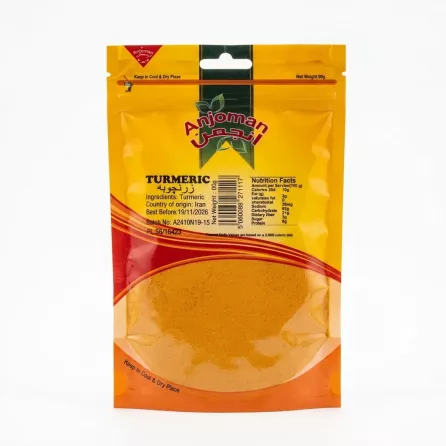 Front view of Anjoman Turmeric Powder 100g pack with price label