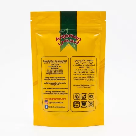 Back of Anjoman Cinnamon Powder 100g pack with manufacturer information