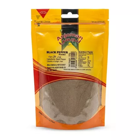Anjoman Black Pepper Powder 100g front pouch, ingredient and price details visible