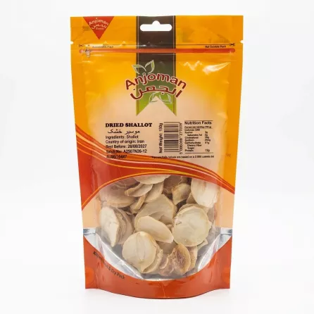Front of Anjoman Dried Shallot 150g pack with clear window and product details