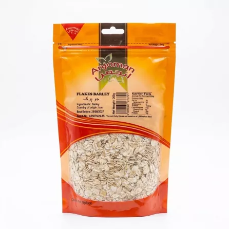 Front of Anjoman Flakes Barley 200g pack with barley flakes visible and price label