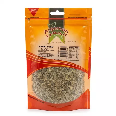 Front of Anjoman Sabzi Polo herb mix pack with visible herbs and label