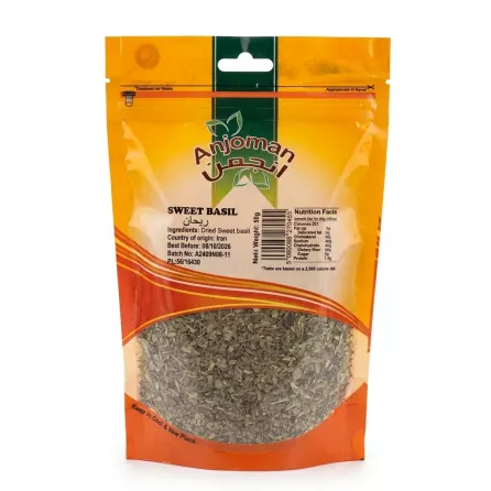 Front of Anjoman Sweet Basil Dried 50g pack showing product and label