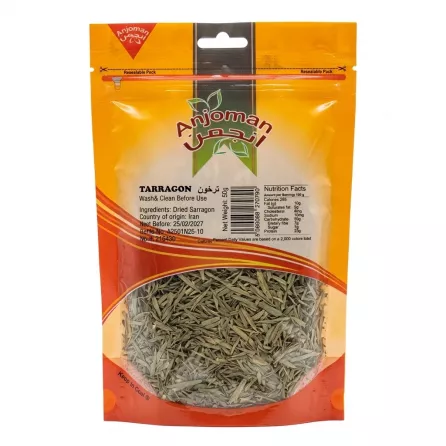 Front view of Anjoman Dried Tarragon 50g pack with visible herbs and price label