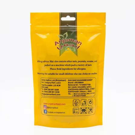 Back view of Anjoman Dried Tarragon packaging showing allergy and contact information