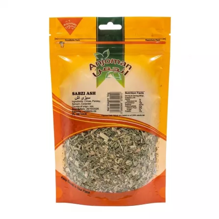 Front of Anjoman Sabzi Ash dried herb mix packet showing product name and contents