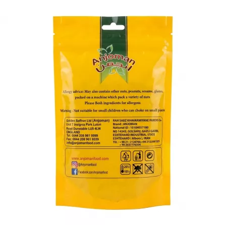 Back of Anjoman Sabzi Ash packet with allergy advice and contact information