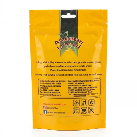 Back of Anjoman Sabzi Polo Dried Herb Mix 50g with allergy advice and contact info