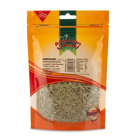 Front of Anjoman Dried Rosemary 50g bag with visible rosemary and price label