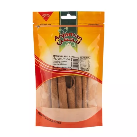 Front of Anjoman Cinnamon Roll Stick 60g resealable pack showing cinnamon sticks inside