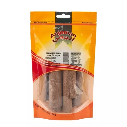 Front of Anjoman Cinnamon Sticks 120g pouch with price label