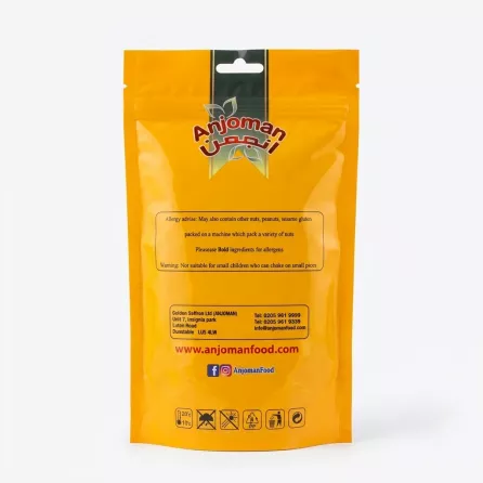Back of Anjoman Cinnamon Sticks 120g pouch with allergy information