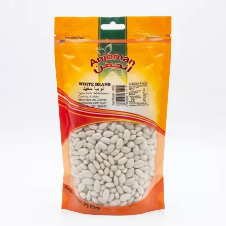 Front of Anjoman White Beans 400g pack displaying product and label details