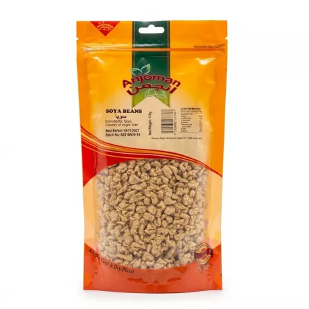 Front view of Anjoman Soya Beans 150g resealable bag with visible label and product