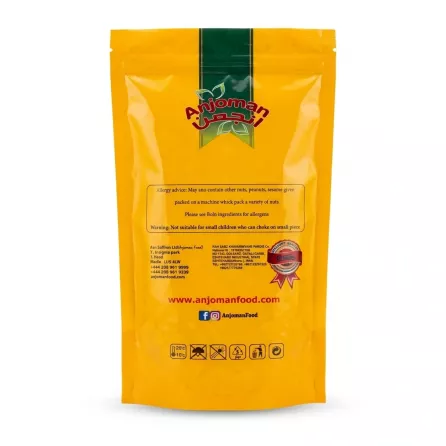 Back of Anjoman Soya Beans bag showing allergy information and branding