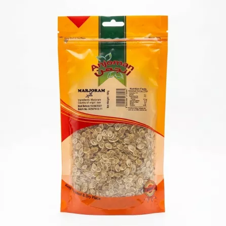 Front of Anjoman Marjoram 100g pack showing dried marjoram seeds and label