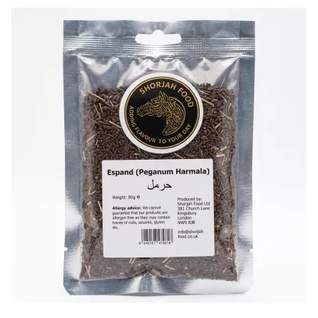 Front of Shorjah Food Espand Peganum Harmala 80g pack in store setting