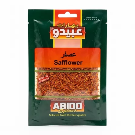 Front view of Abido Safflower Spices 20g pack with price label