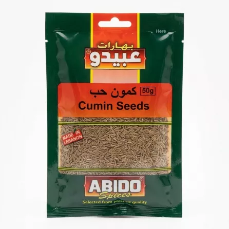 Front view of Abido Cumin Seeds 50g pack, displaying branding and clear cumin seeds inside.