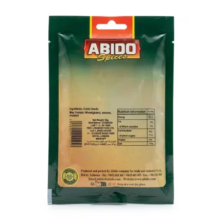 Back of Abido Cumin Seeds 50g pack showing ingredients, nutritional info, and manufacturer details.