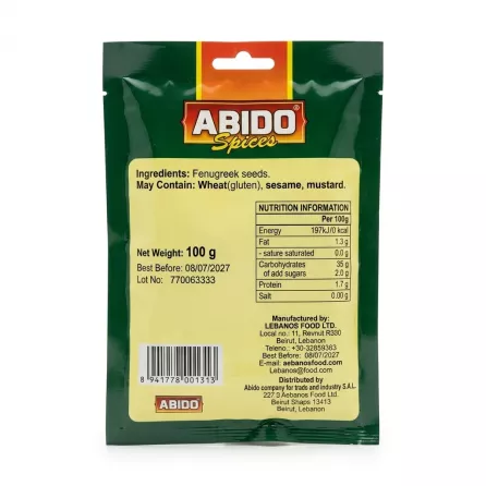 Back of Abido Fenugreek Seeds 100g with ingredient list