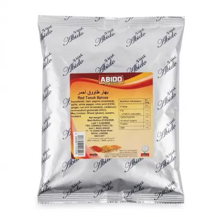 Front of Abido Red Taouk Spices 500g pack showing ingredients and price label