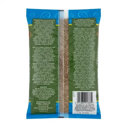 Back of TRS Whole Jeera Cumin Seeds pack with ingredients and barcode