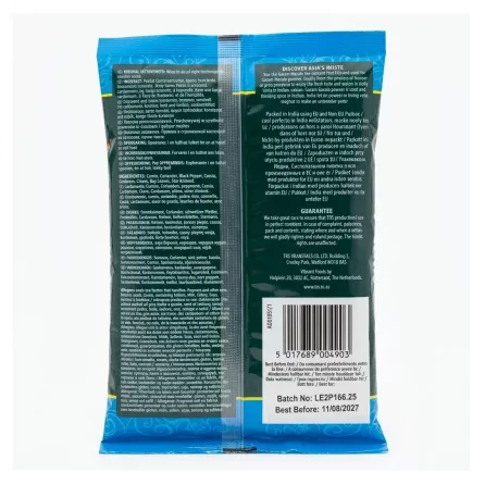 Back of TRS Garam Masala Mix 200g pack displaying ingredients, usage instructions, and guarantee