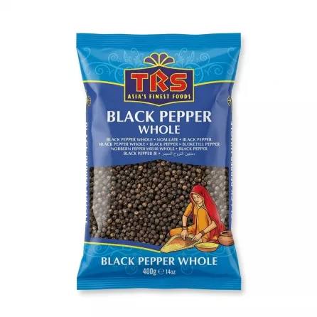 Front of TRS Black Pepper Whole 400g pack with clear peppercorns visible