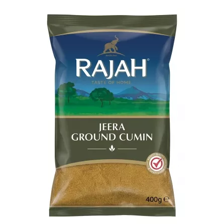 Front view of Rajah Jeera Ground Cumin 400g pack on a shop shelf