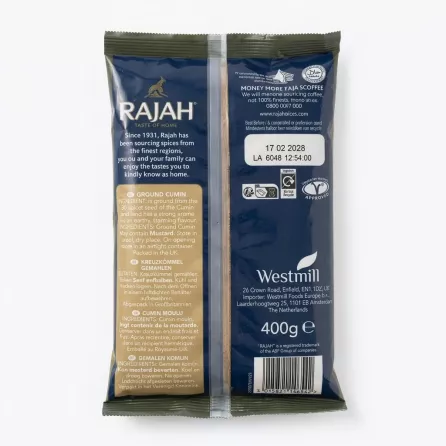 Back of Rajah Jeera Ground Cumin 400g pack showing product information