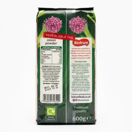 Back of Bodrum Onion Powder 600g pack showing ingredients and nutrition