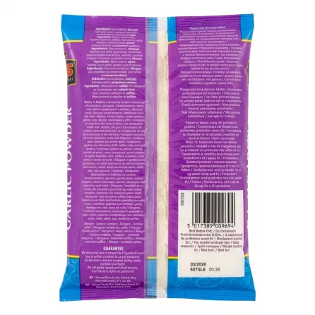 Back of TRS Garlic Powder packet displaying ingredients and barcode