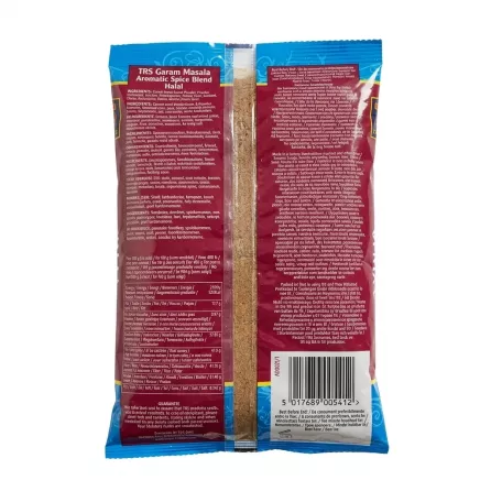 Back of TRS Garam Masala Aromatic Spice Blend with ingredients and barcode