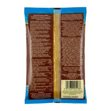 Back of TRS Hot Madras Curry Powder showing ingredients and nutritional info