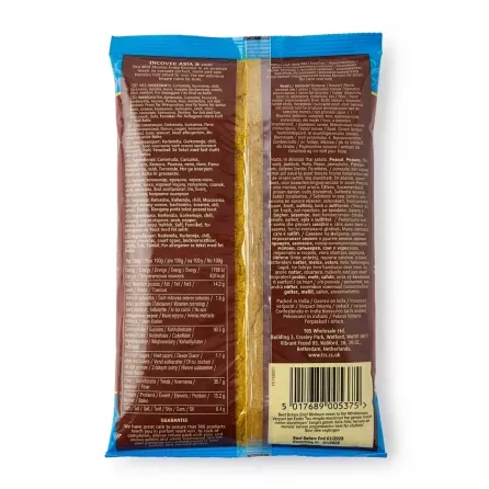Back of TRS Mild Madras Curry Powder showing ingredients and nutrition