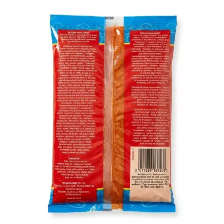 Back of TRS Kashmiri Chilli Powder showing ingredients and allergen information