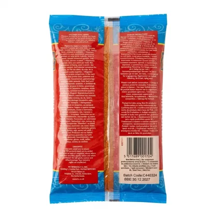 Back of TRS Chilli Powder 400g pack with product and storage details