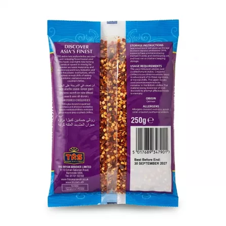 Back of TRS Crushed Chillies Extra Hot showing ingredients and barcode