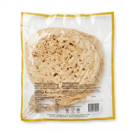 Back view of Golden Spike & Sun plain naan bread packaging with ingredients and storage instructions visible
