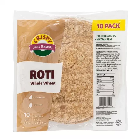 Pack of Crispy whole wheat roti 10 pieces with price and nutritional information