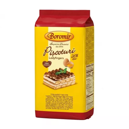 Front of Boromir Piscoturi Ladyfingers 400g pack showing branding and tiramisu image