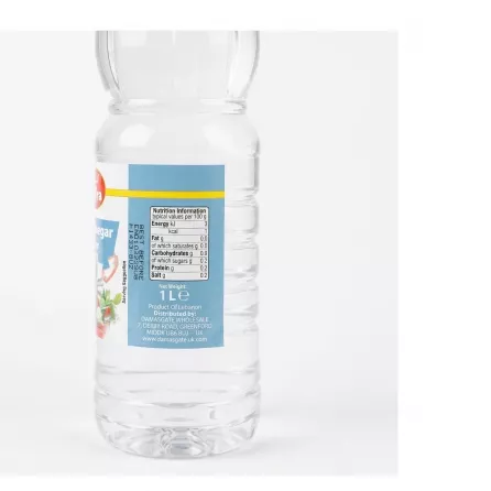Rear nutrition label on Sofra White Vinegar 1 Litre bottle