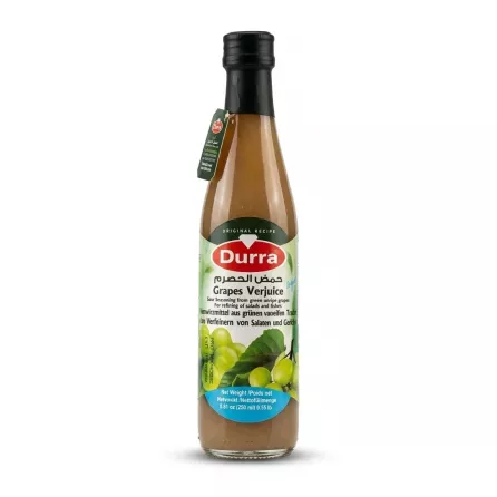 Front of Durra Grapes Verjuice 250ml bottle with visible label and ingredients