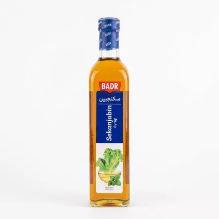 Front of Badr Sekanjabin Syrup 640g bottle showing label and ingredients