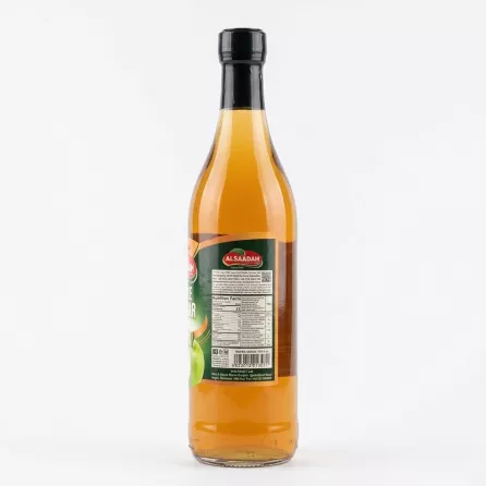 Rear view of Alsaadah Apple Vinegar bottle displaying nutrition and manufacturer information