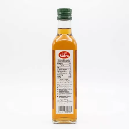 Back of Sofra Apple Vinegar bottle displaying nutrition and ingredients